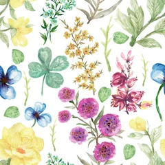 Foto op Canvas Seamless pattern with wild flowers blossom and leaves style for trendy fabric print fashion Watercolor © HoyaBouquet