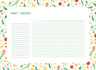 Habit tracker for month flat vector template. .Spring wild flowers themed blank, personal organizer with decorative frame. Summer season floral border with stylized lettering