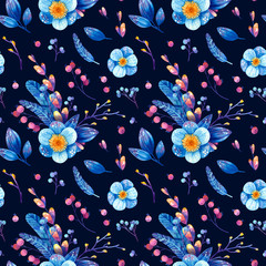 Seamless pattern with blue and purple cosmic plants. Stylized feathers, flowers, leaves, berries with symbols of stars and the moon. Wallpaper, wrapping paper design, textile