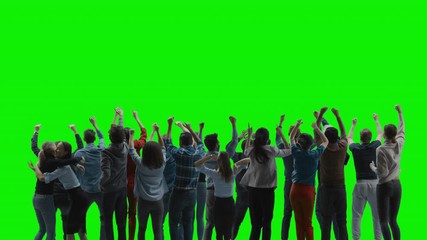 Green Screen: Crowd of People Having Fun, Cheering, Applauding, Celebrating at Sport Event, Concert, Festival, Party. Back View. Chroma Key, Black Screen, Silhouette White People on Black Background