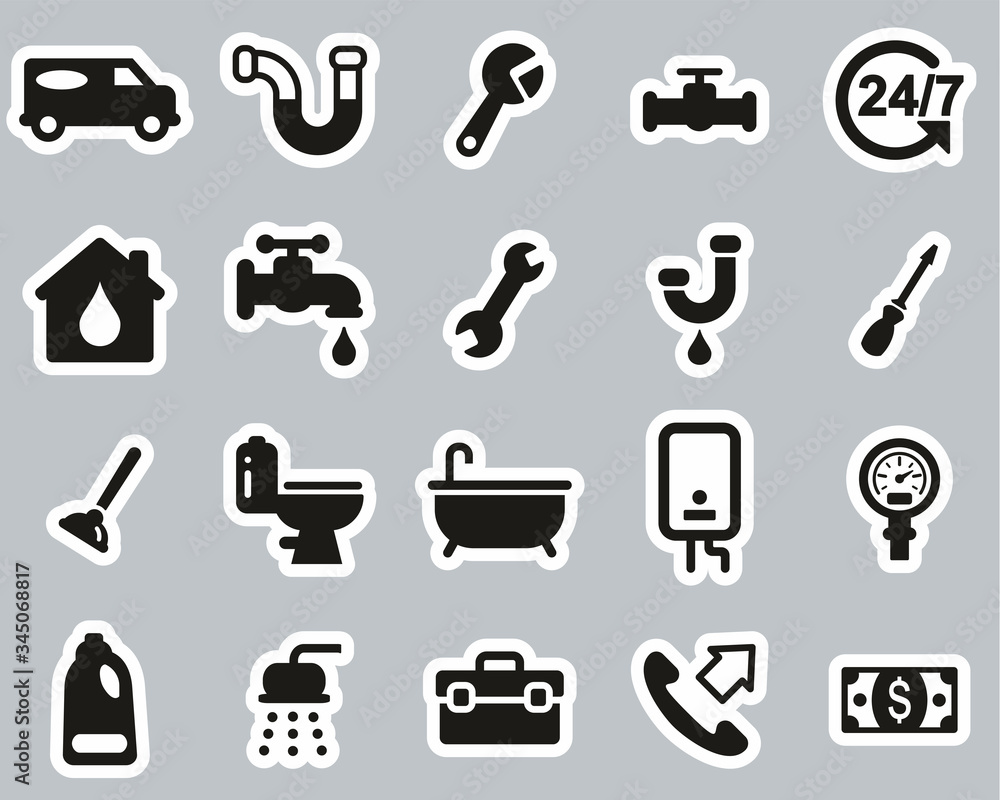 Poster Plumbing Service & Equipment Icons Black & White Sticker Set Big