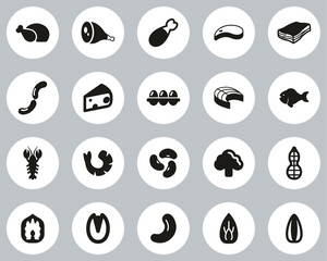 Protein Food Icons Black & White Flat Design Circle Set Big