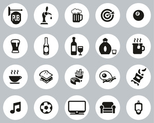 Pub Or Bar Icons Black & White Flat Design Circle Set Big