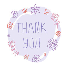 Vector handwritten lettering Thank you. Cool banner, poster, postcard, poster, cover, thank you tag. On a purple background in floral frame
