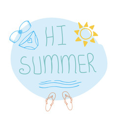 Vector handwritten inscription on theme of summer. Cool banner, poster, postcard, poster, cover, tag. Illustration in style of hand draw, flowers, sun, rest, sea, beach