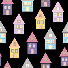 Vector seamless pattern of houses. Lovely Scandinavian minimalist houses. Fashionable print for clothes, wallpapers, covers. For surface design: fabric, packaging, scrap paper