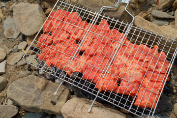 The meat is laid on a grill and set on hot charcoal. Family outdoor recreation. With selective focus.