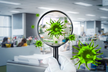 Coronavirus 2019.3D simulation of viruses inside the air by showing through a magnifying glass,Checking virus in office workplace.