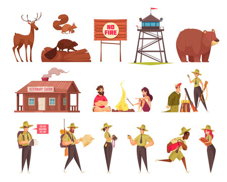 Forest Ranger Cartoon Icons Set