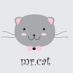 cat face and necktie illustration with text isolated on gray background.