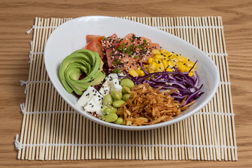 Vegetarian Salmon and Corn Poke Bowl.