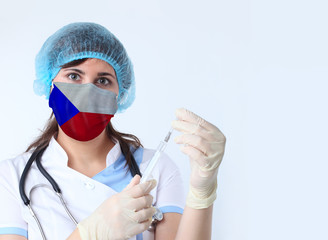 Scientist woman and mask with Czech flag. Research of viruses in laboratory for prevention of a pandemic in Czech