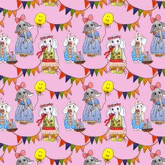 Seamless pattern with children and toys.  Little elephants celebrate. Art 1.