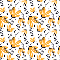 Contemporary seamless pattern with abstract flowers and tropical leaves. Summer print.