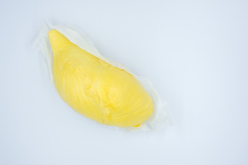 Close-up one piece of Thai durian. king of fruits and tropical fruit from Thailand isolated on white background, Flat lay. Top view of durian.