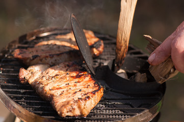 Portable wood-fried grill with grilling meat, men's hand adds firewood to the hearth. Camping grill, smoke, fire, picnic