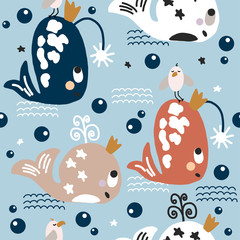 Hand drawn vector cute cartoon seamless pattern illustration sea animals on the blue background for baby textile, cloth, linen, wallpaper texture or home decoration