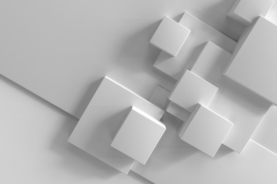 Composition of white cubes of different sizes on a white background