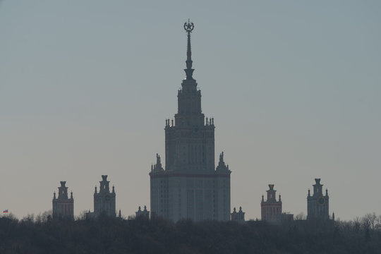 Moscow cityscape in spring sunset. Moscow university  of Lomonosov.. View from above. Back lit. Coronavirus pandemic time.
