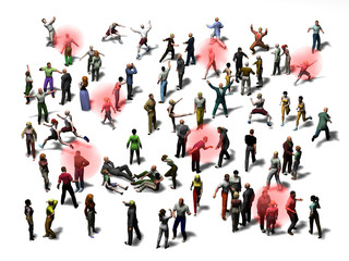 Crowd with red markings of infectious people