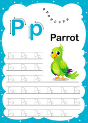 Colorful letter P Uppercase and Lowercase alphabet A-Z, Tracing and writing daily printable A4 practice worksheet with cute cartoon animals - vector illustration exercise for kids © UBINK