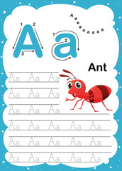 Colorful letter A Uppercase and Lowercase alphabet A-Z, Tracing and writing daily printable A4 practice worksheet with cute cartoon animals - vector illustration exercise for kids