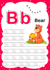 Colorful letter B Uppercase and Lowercase alphabet A-Z, Tracing and writing daily printable A4 practice worksheet with cute cartoon animals - vector illustration exercise for kids