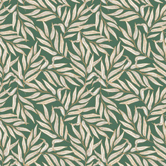 Watercolor seamless pattern with gray leaves on a green background.