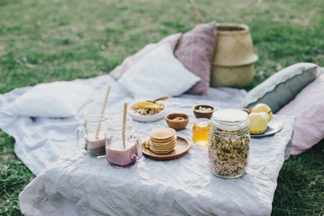 Beautiful cozy summer or spring picnic with cocoa, pancakes, honey, strawberries, pears and granola.