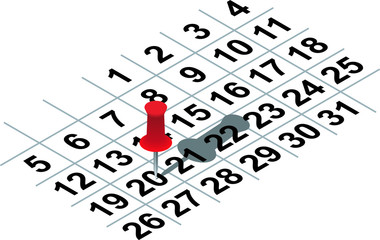 Isometric calendar with red office pin over white background