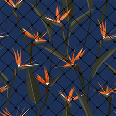 Seamless pattern wallpaper of tropical bird of paradise flowers with the cage on dark blue background color ,Design for fashion,fabric,web,wallpaper,wrapping
