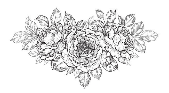 Hand Drawn Floral Bunch with Peony Flowers  and Leaves