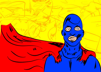 Vector illustrated superhero, young men wearing a blue mask and red cape with yellow background.