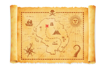 Old pirate treasure map vector illustration - obrazy, fototapety, plakaty