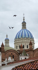Fototapeta na wymiar Blue church tower with birds and clouds