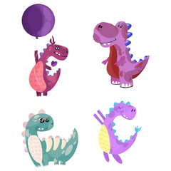 Set of images of cute little monster dinosaurs. Art dinosaur monster for children's clothing. Vector illustration