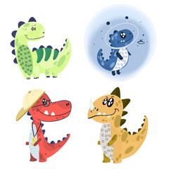Set of images of cute little monster dinosaurs. Art dinosaur monster for children's clothing. Vector illustration