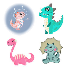 Set of images of cute little monster dinosaurs. Art dinosaur monster for children's clothing. Vector illustration