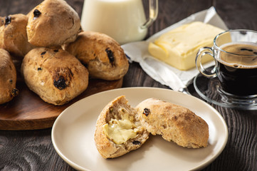 Homemade whole wheat bread buns with raisins.