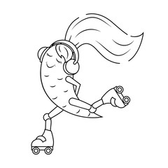 Anthropomorphic cartoon carrot with headphones rides on roller skates. Black and white coloring