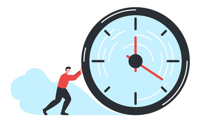 Modern concept vector illustration of a man pushing big clock watches. It represents a concept of time management, schedule, deadlines, successful people, motivation, confidence and goal achievement