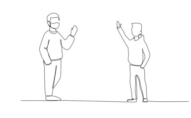 Continuous one line drawing vector of people doing social distancing to prevent virus infection