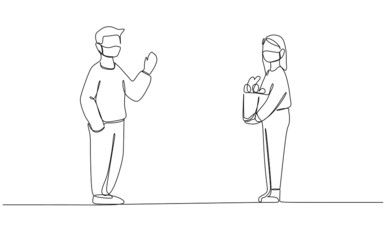 People doing social distancing while meeting to prevent virus infection - Continuous one line drawing vector