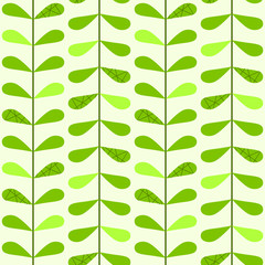 Simple seamless pattern of green leaves and branches. A repeating vertical pattern is isolated on a light background