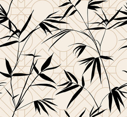 Retro Silhouette bamboo leaves on light beige geometric line background seamless pattern in vector EPS10,Design for fashion,fabric,web,wallaper,wrapping