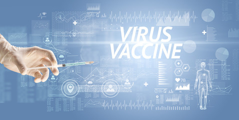 Syringe needle with virus vaccine and VIRUS VACCINE inscription, antidote concept