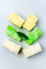 Handmade Spa Soap Organic Soa Various Soap Bars Spa Treatments Top View Horizontal Spa Concept Blue Background