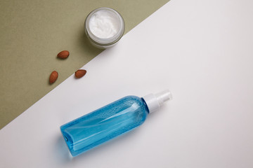 Natural cream white color. Packing with micellar water spray bottle blue.