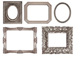 Set of silver frames for paintings, mirrors or photo isolated on white background