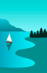Creative concept vector illustration sailing boat yacht at the sea with mountains sky and forest.